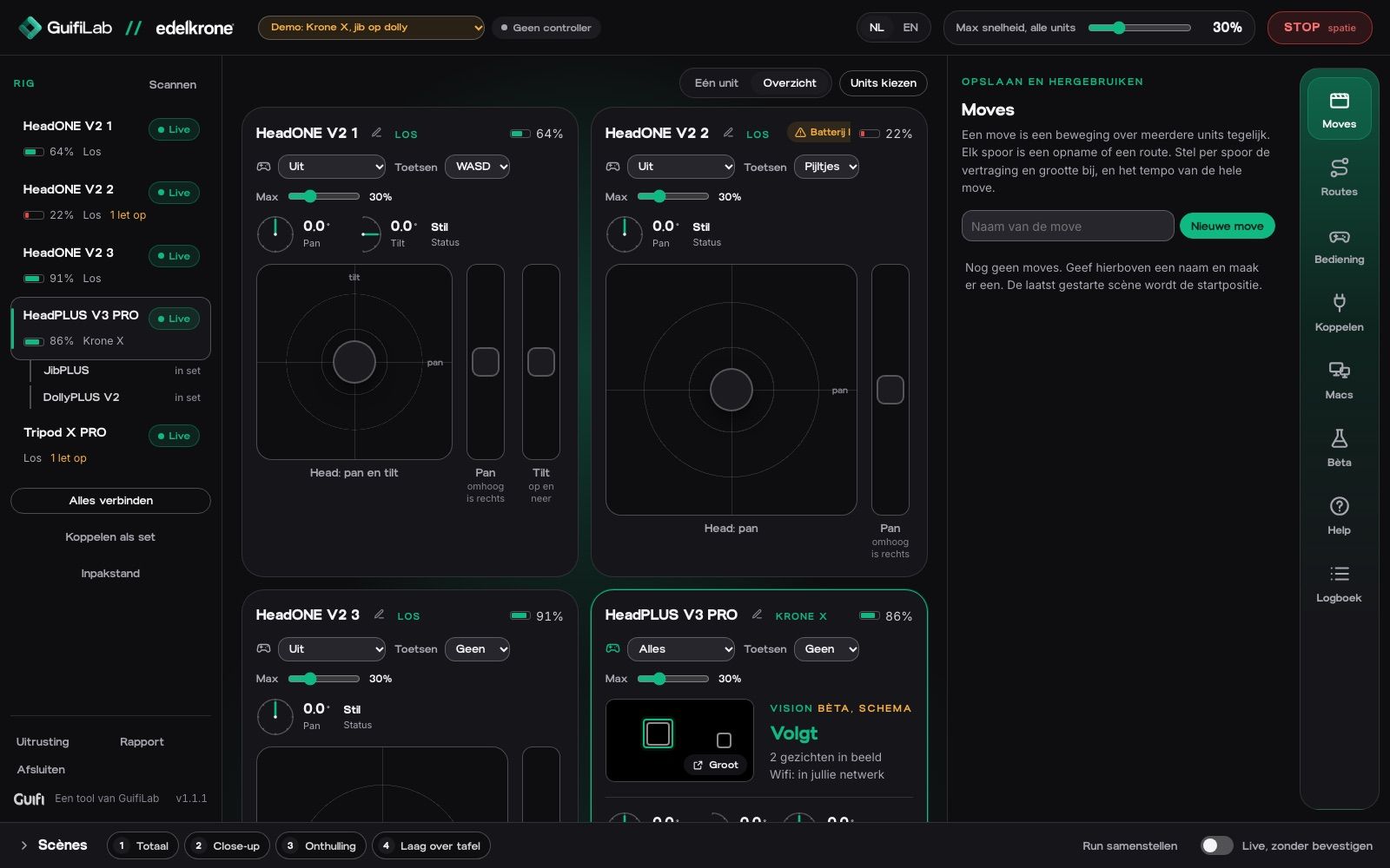 edelkrone control: overzicht van alle units met snelheid, positie en batterij